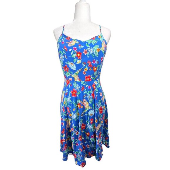 Old Navy Cami Blue Bird Parrot Hawaiian Floral Strappy Sundress - Picture 1 of 8